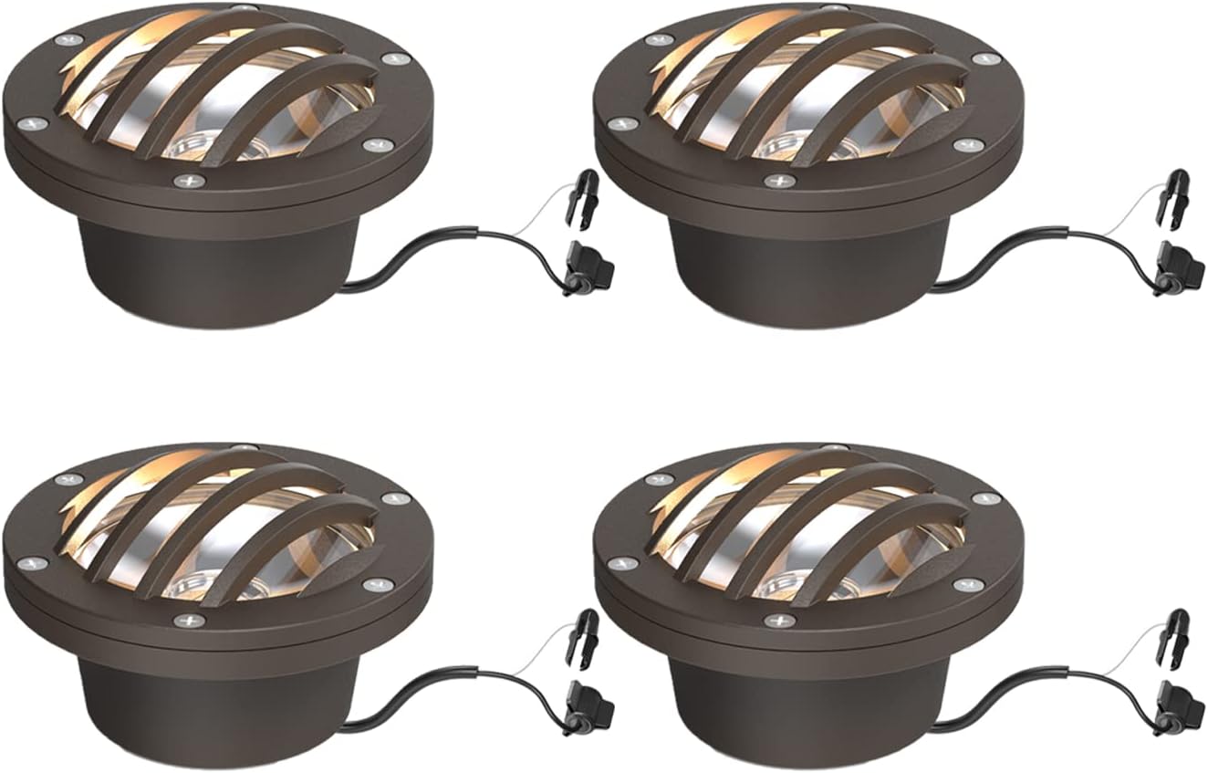GOODSMANN Low Voltage Landscape Lights LED Well Lights 4W 12V 200 Lumens In-Ground Light 2800K Warm White with Cable Connector Brown Aluminum Housing Outdoor Lights 4PK for Deck, Step, Garden Light