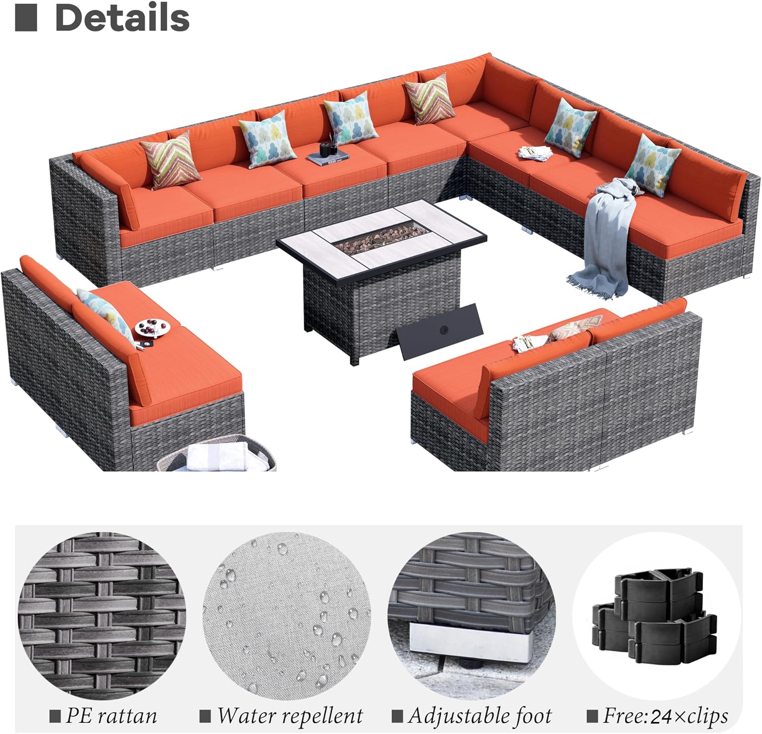 HOOOWOOO Patio Outdoor Furniture Sectional Couch Set with Propane Fire Pit Table,13 Piece Wicker Weather Resistant Conversation Set,Modern Corner L Shaped Modular Sofa Set for Yard(Orange Red)