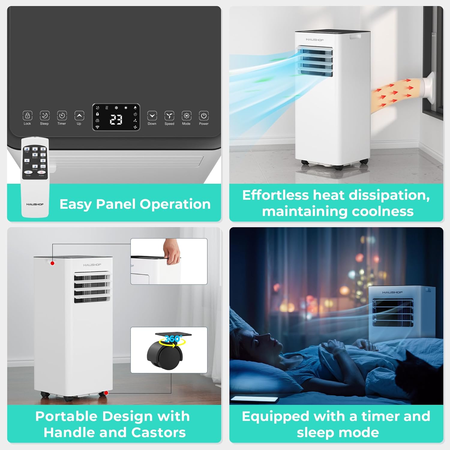 HAUSHOF 10,000 BTU Portable Air Conditioners for Rooms up to 430 Sq. Ft, 3-in-1 AC Unit with Cooling, Fan & Dehumidifier, Quiet Operation, Remote Control, 24H Timer, LED Display & Window Kit Included