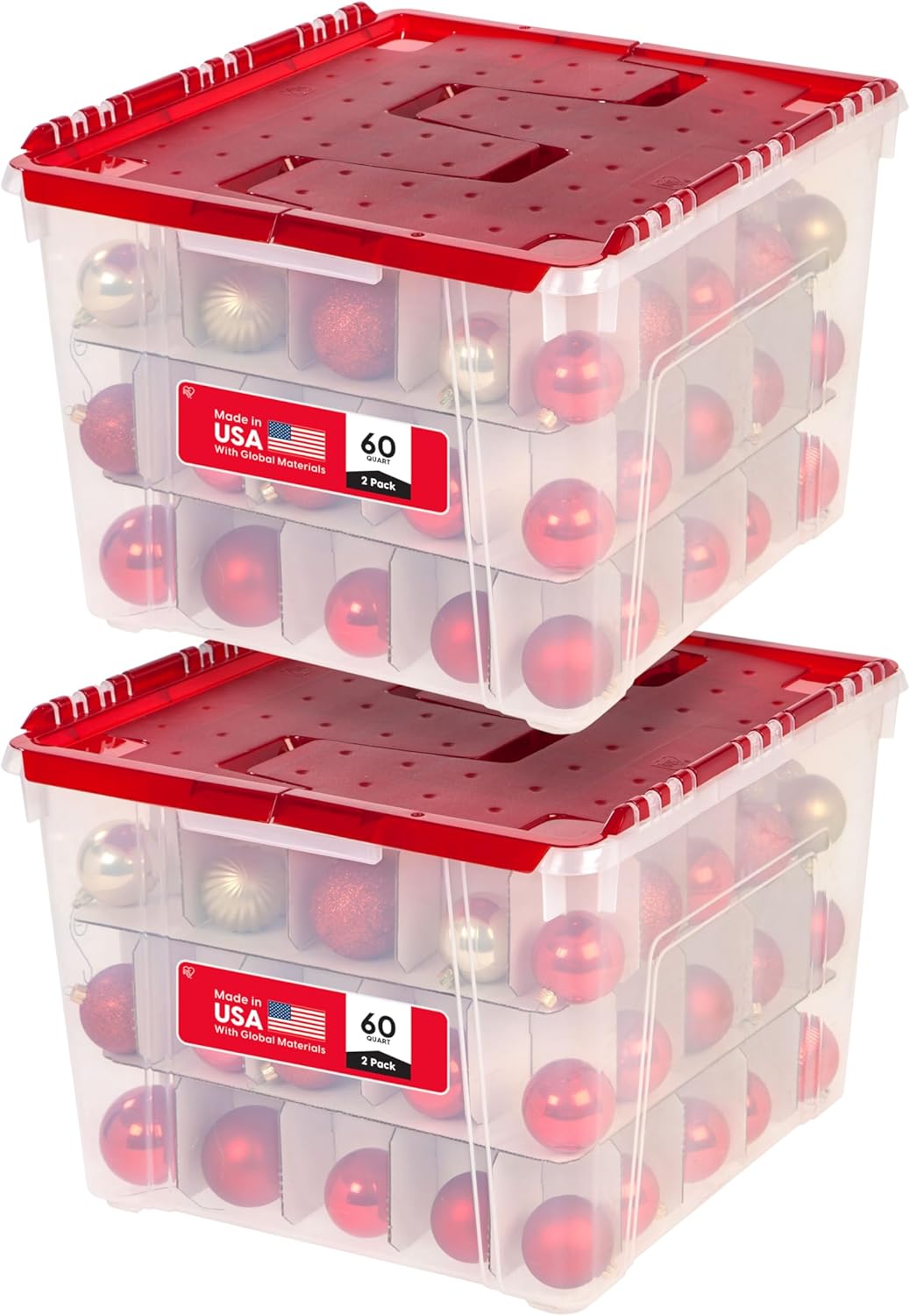 IRIS USA Ornament Storage Box with Attached Lid, Stores 75 Ornaments per Bin, 2-Pack, Stackable Durable Christmas Storage Organization Container Bin for Holiday Decorations and Accessories, Clear/Red
