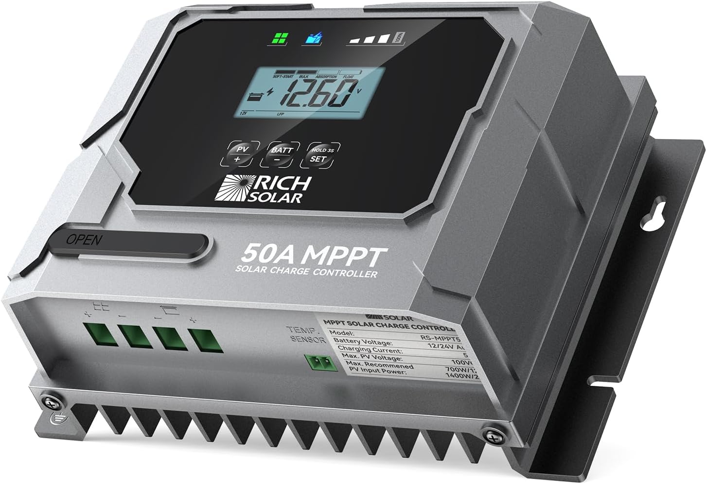 RICH SOLAR Bravo 50 | 50A MPPT Solar Charge Controller with Bluetooth – 12V/24V Auto-Detect, Lithium & Lead-Acid Battery Support for RVs, Campers & Off-Grid Systems