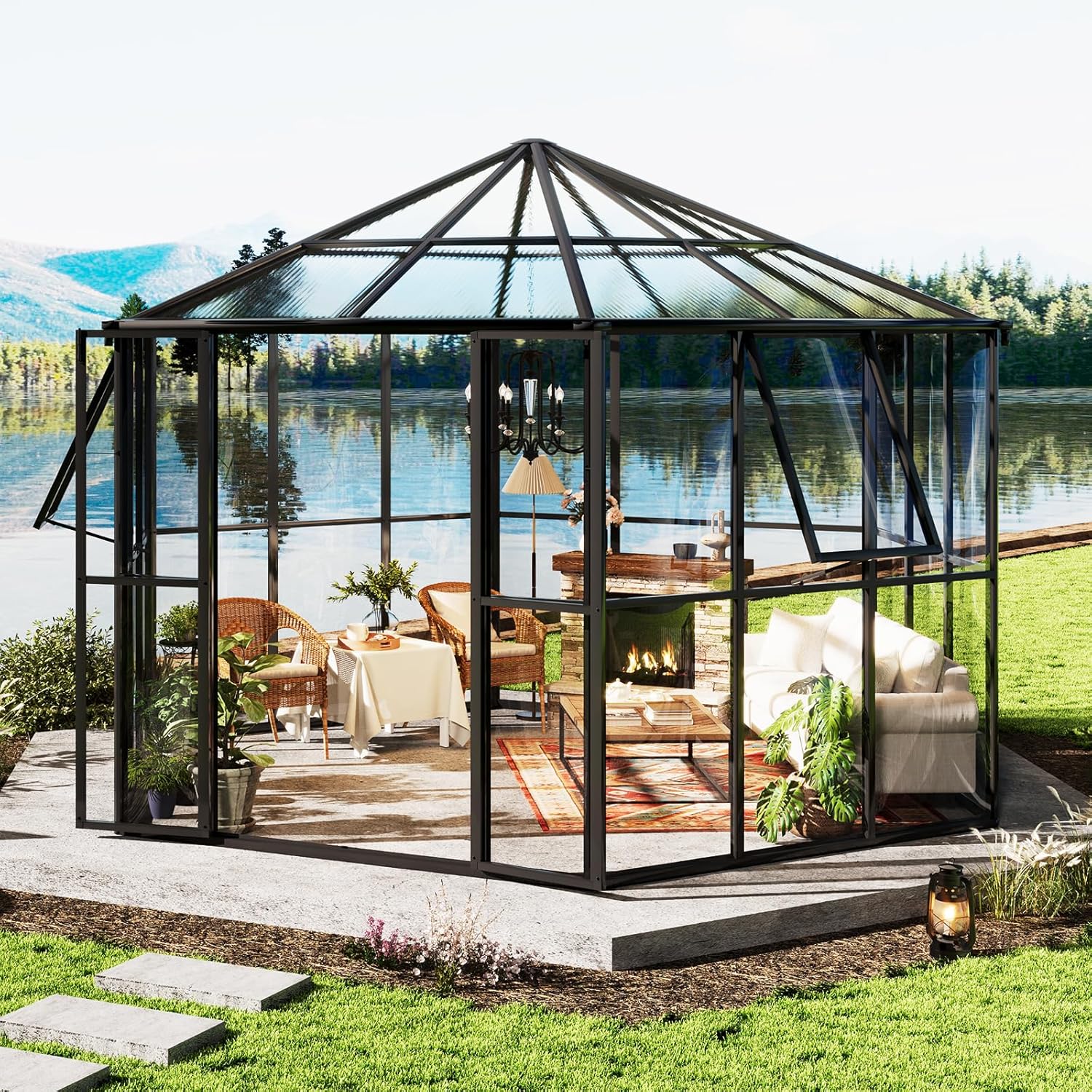 AMERLIFE 12×10×8ft Hexagonal Outdoor Greenhouse, Aluminum Frame with Quick‑Connectors, 2 Swing Doors, 2 Vents – Walk‑in Garden Structure