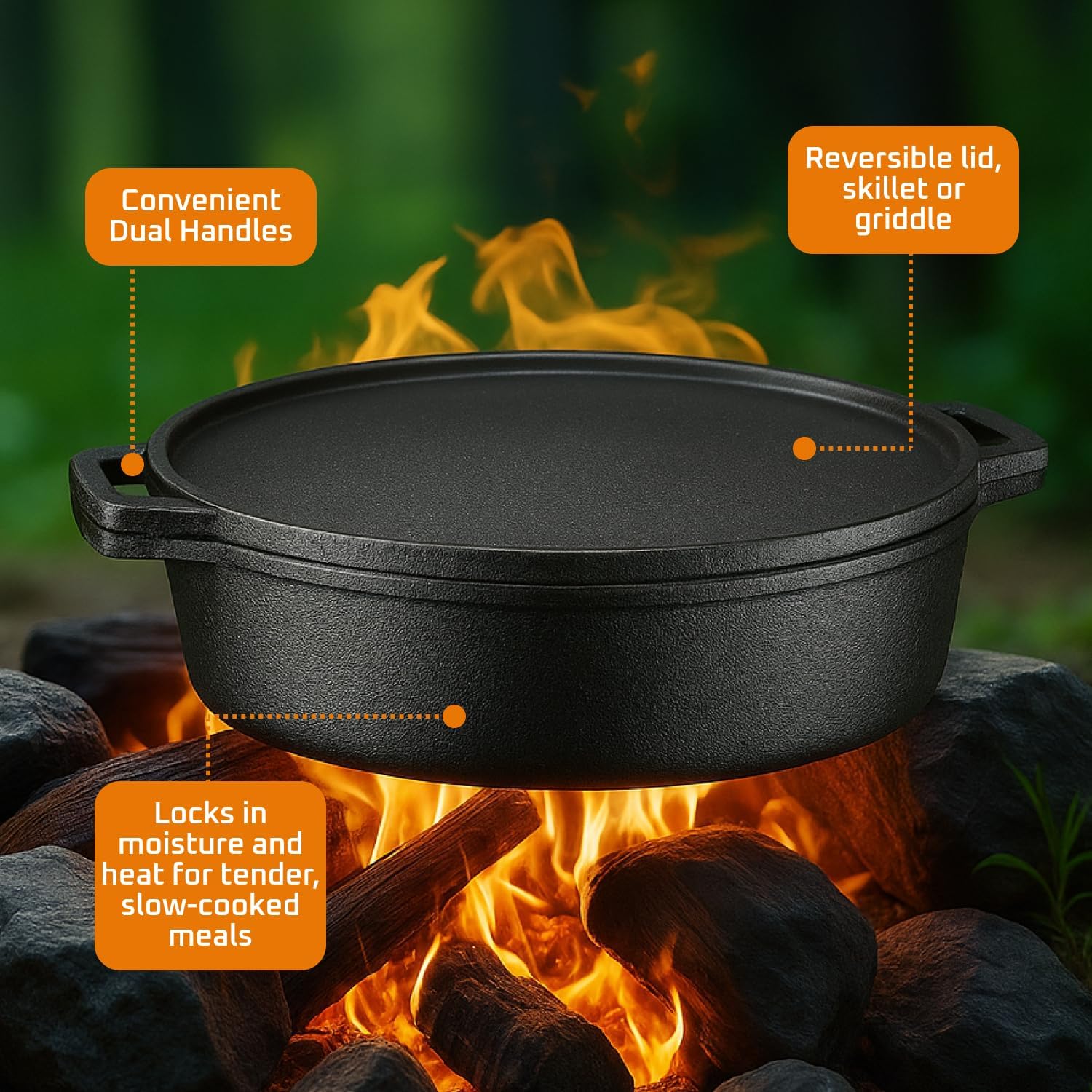 Bruntmor 6.8 Quart Cast Iron Skillet with Reversible Grill Griddle Lid - 3-in-1 Round Cast Iron Pan for Frying, Grilling, Dutch Oven Cooking - Roasting Pan with Lid, Camping Cookware, Black