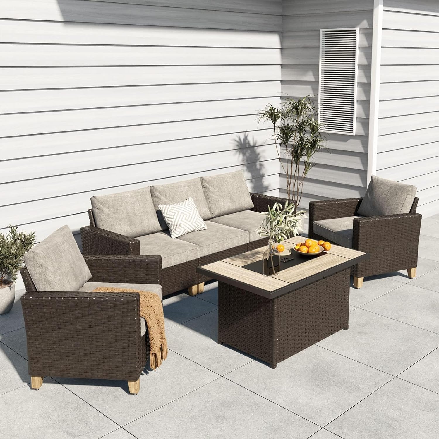 Grand patio Sofa Sets 6 Pieces Conversation Set with Fire Pit Table, Wicker Patio Furniture Sectional Sofa with Thick Cushions for Yard Garden Porch (Set for 5 Firetable, 6 PCS)