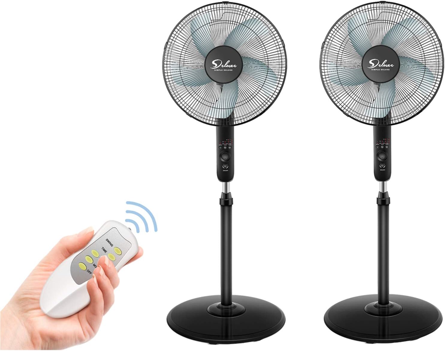 Simple Deluxe Oscillating 16″ Adjustable 3 Speed Pedestal Stand Fan with Remote Control for Indoor, Bedroom, Living Room, Home Office & College Dorm Use, 2 Pack, black