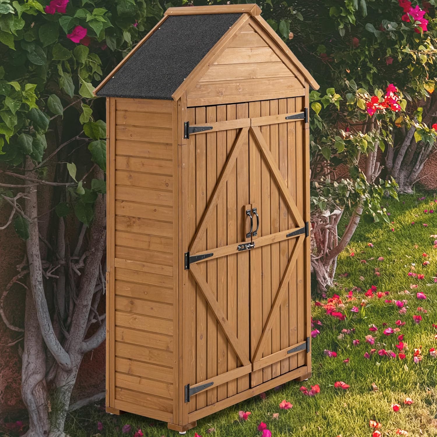 Outdoor Storage Cabinet, Garden Wood Tool Shed, Weatherproof Wooden Closet with Removable Shelves and Latch for Backyard, Garden, Patio, Lawn, Yellow Brown