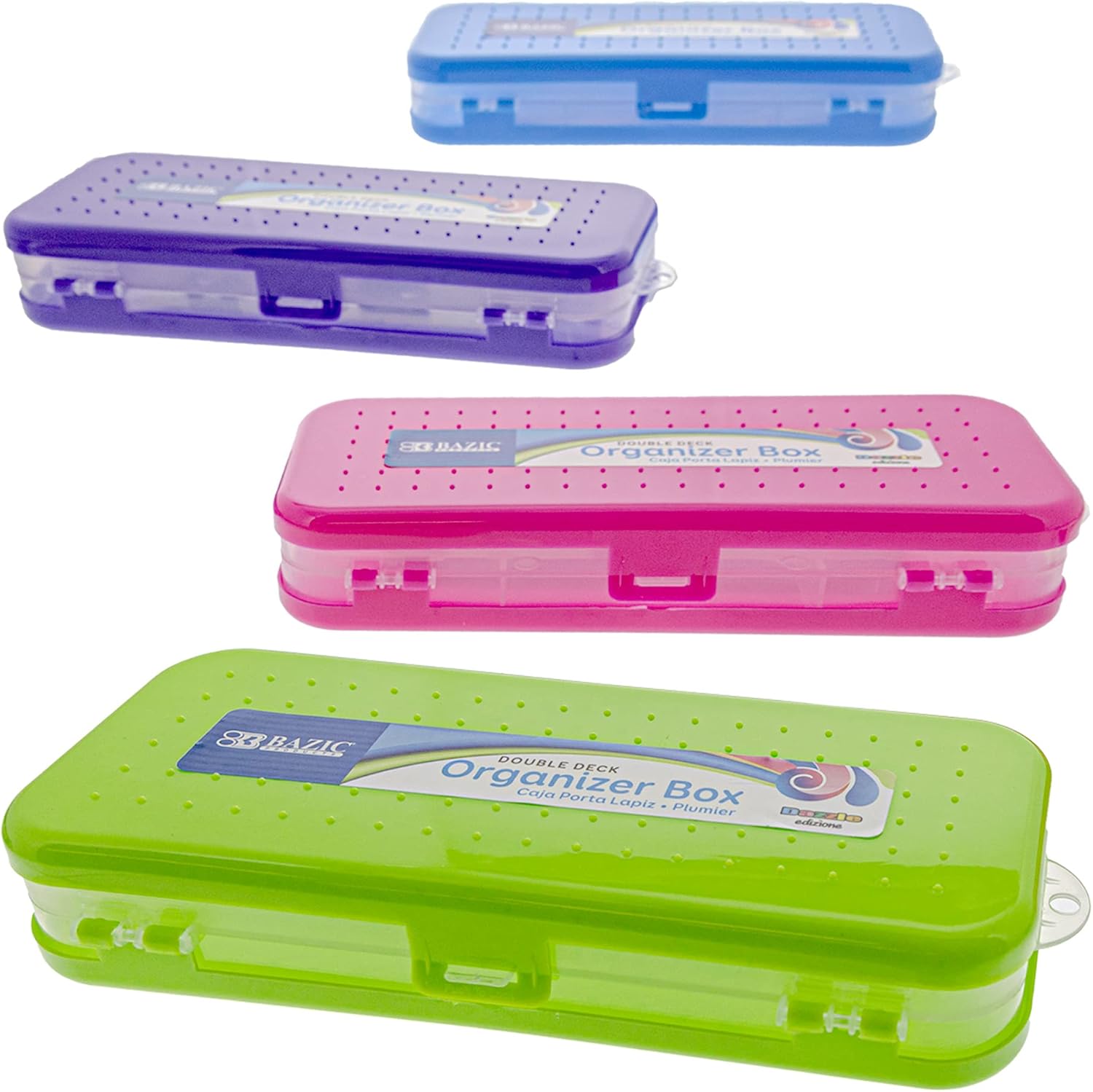 BAZIC PRODUCTS Plastic Pencil Case, Double Deck Utility Storage Box, Multi Purpose Organizer & Supply Holder, Transparent Box Design, Assorted Color, Ideal for School, Office & Craft Use, 144-Packs