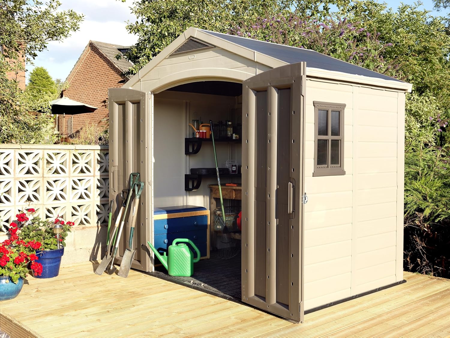 Keter Factor (8x6 ft) Large Resin Outdoor Storage Shed for Patio Furniture, Lawn Mower, Garden Accessories Yard Tools, and Pool Toys, Taupe