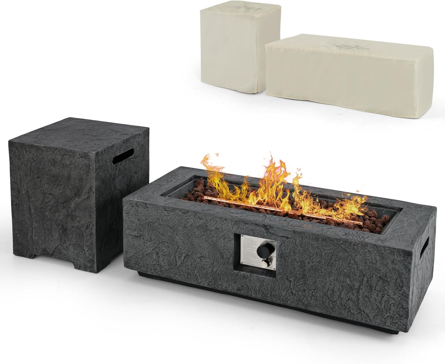 Tangkula 2 Piece Propane Fire Pit Table Set with Tank Holder, 50,000 BTU 42.5 Inch Outdoor Rectangular Gas Fire Table with Lava Rocks, Stainless Steel Burner and Protective Cover for Outside Patio