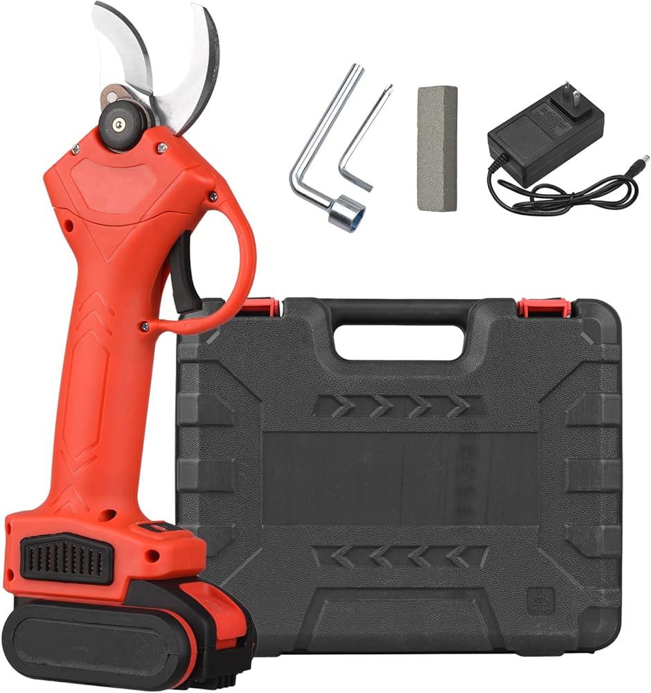 48V Cordless Electric Pruning Shears Portable Electric Branch Scissors Battery Powered Garden Shears Tree Trimmer Branch with Rechargeable Lithium Battery Adapter(Red)