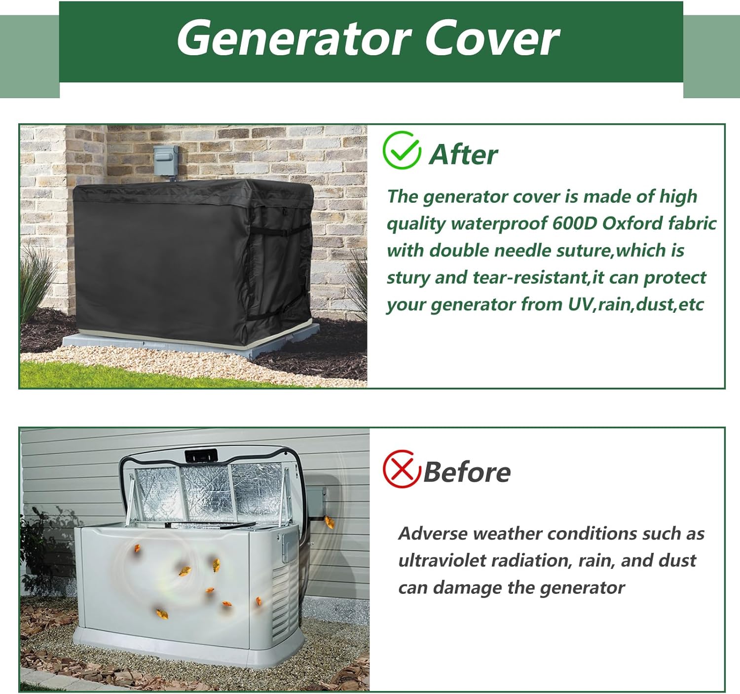 Generator Cover 600D Polyester Heavy Duty Waterproof Compatible with 7.5kW 10kW 14kW 18kW 20kW 22kW 24kW Home Standby Generator, Black