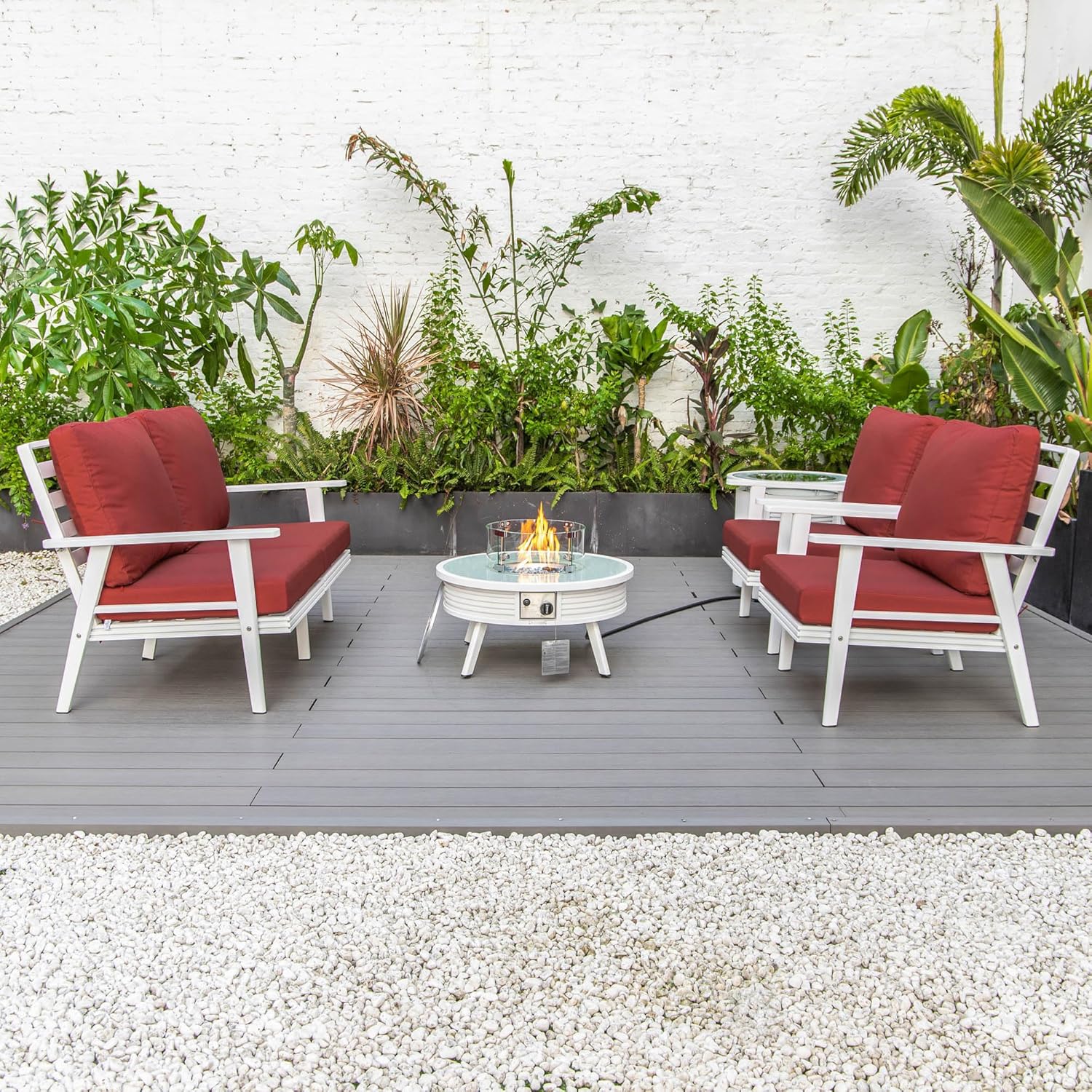 LeisureMod Walbrooke Modern Aluminum 5-Piece Patio Conversation Set with Outdoor Round Fire Pit Slats Design & Side Table Tank Holder, Red