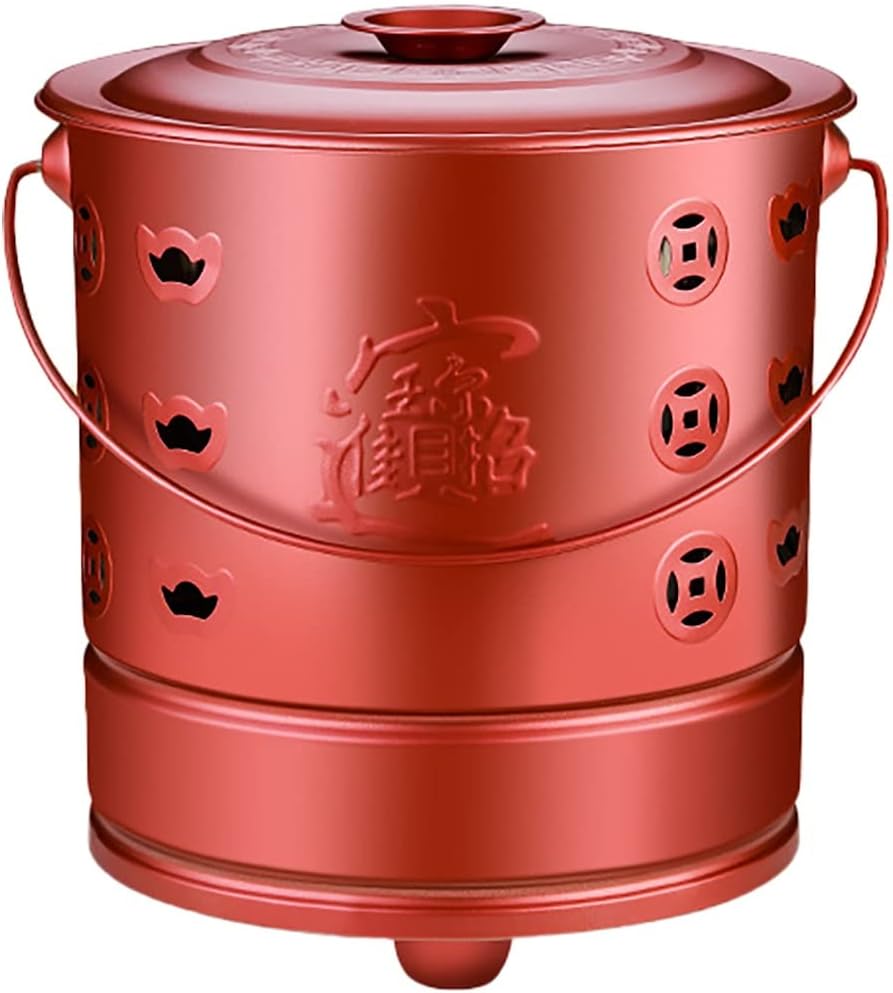 Metal Incinerator Cage with Burning Tongs Fire Pit Bucket Treasure Basin Ash Bucket Joss Paper Bucket with Lid for Yard Garden (Color : Red, Size : 42.5CM)