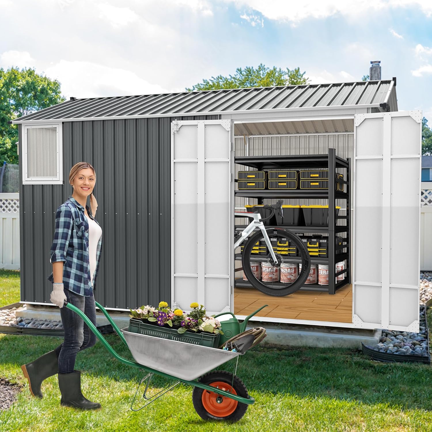 CHERY INDUSTRIAL.COM 8x12FT Outdoor Storage Shed Garden Shed Bike Storage Tool Shed with Metal Frame & Lockable Door for Patio Storage Lawn Mower Chicken Coop,Gray (Floor Base)
