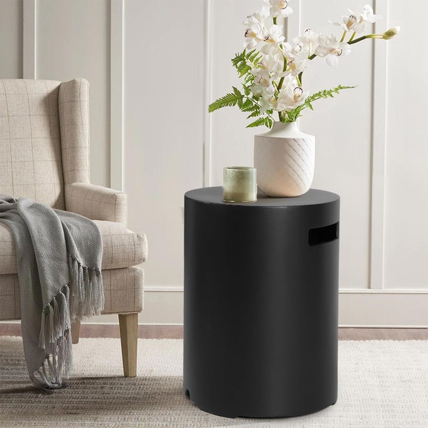 Propane Tank Cover Table Set of 2, Round Concrete Tank Storage Box 20 LB Modern Outdoor Propane Tank Covers Tables Hideaway Table for Gas Fire Pit, Tank Holder with Handles (Black)