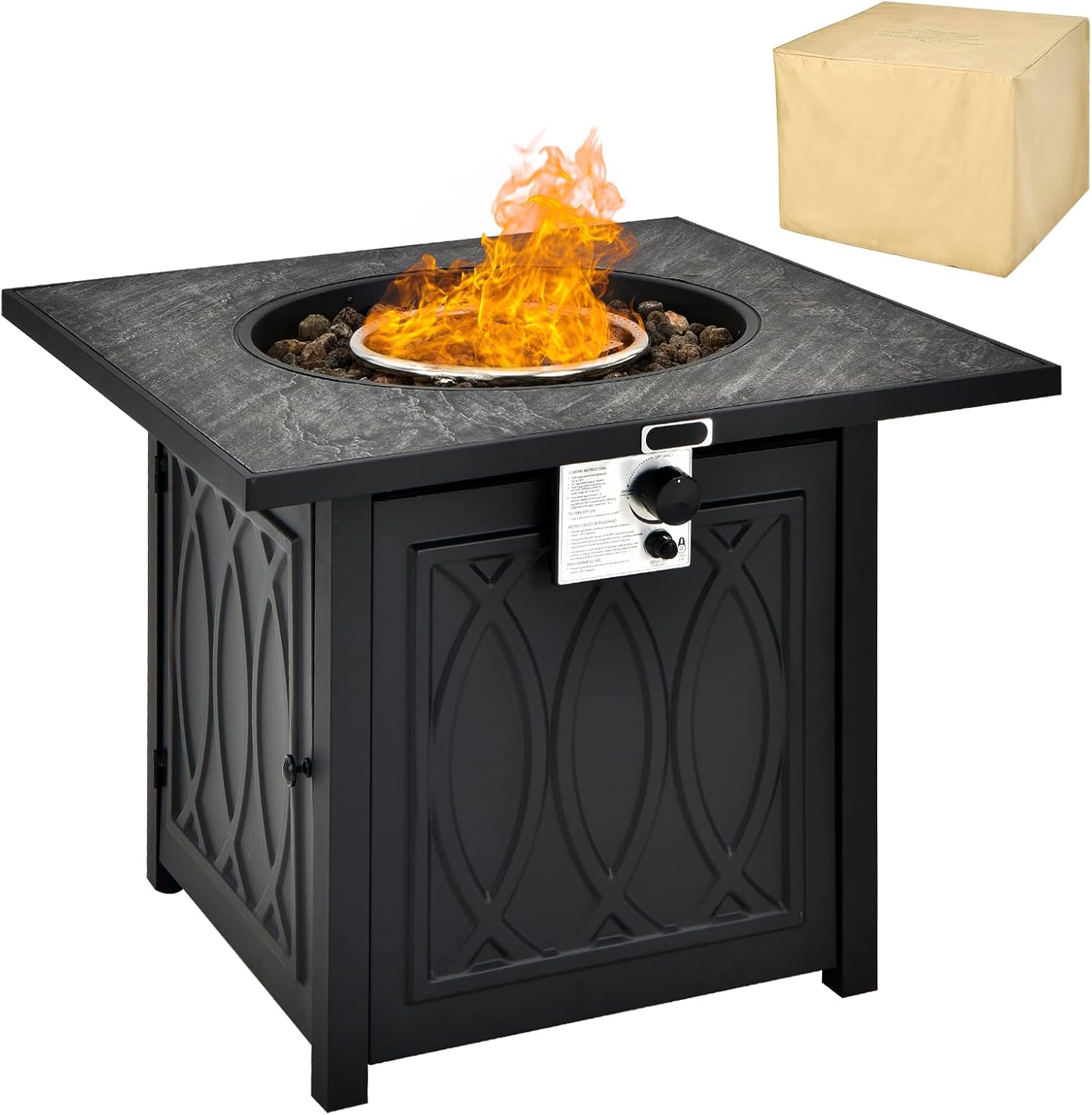 Giantex Outdoor Propane Fire Pit, 50,000 BTU/14.65KW Fire Pit Table Outside, 32 Inch Square Auto-Ignition Gas Fire Pit with Lid, Lava Rocks, Instant Touch-up Pen, Firepit for Patio, Backyard, Black