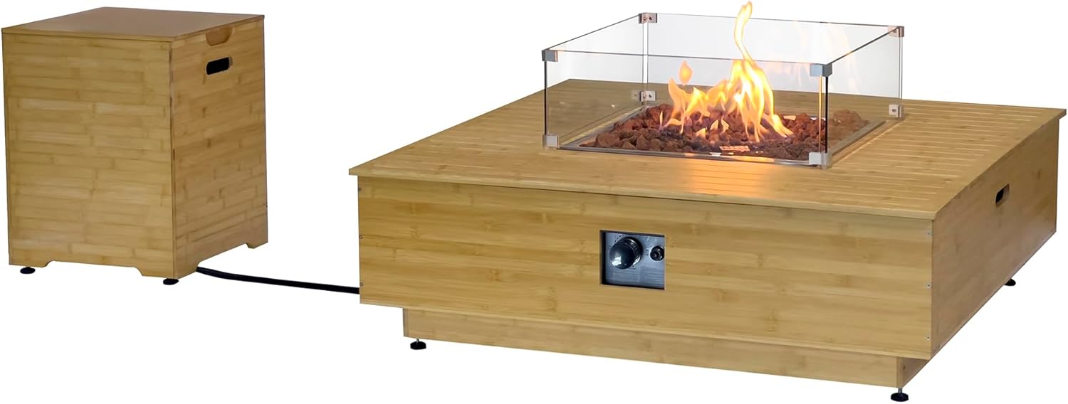 Kinger Home Harmony 43-Inch Large Square Outdoor Propane Gas Fire Pit Table, 50,000 BTUs, Certified Includes Side Table, Lava Rock and Weatherproof Cover