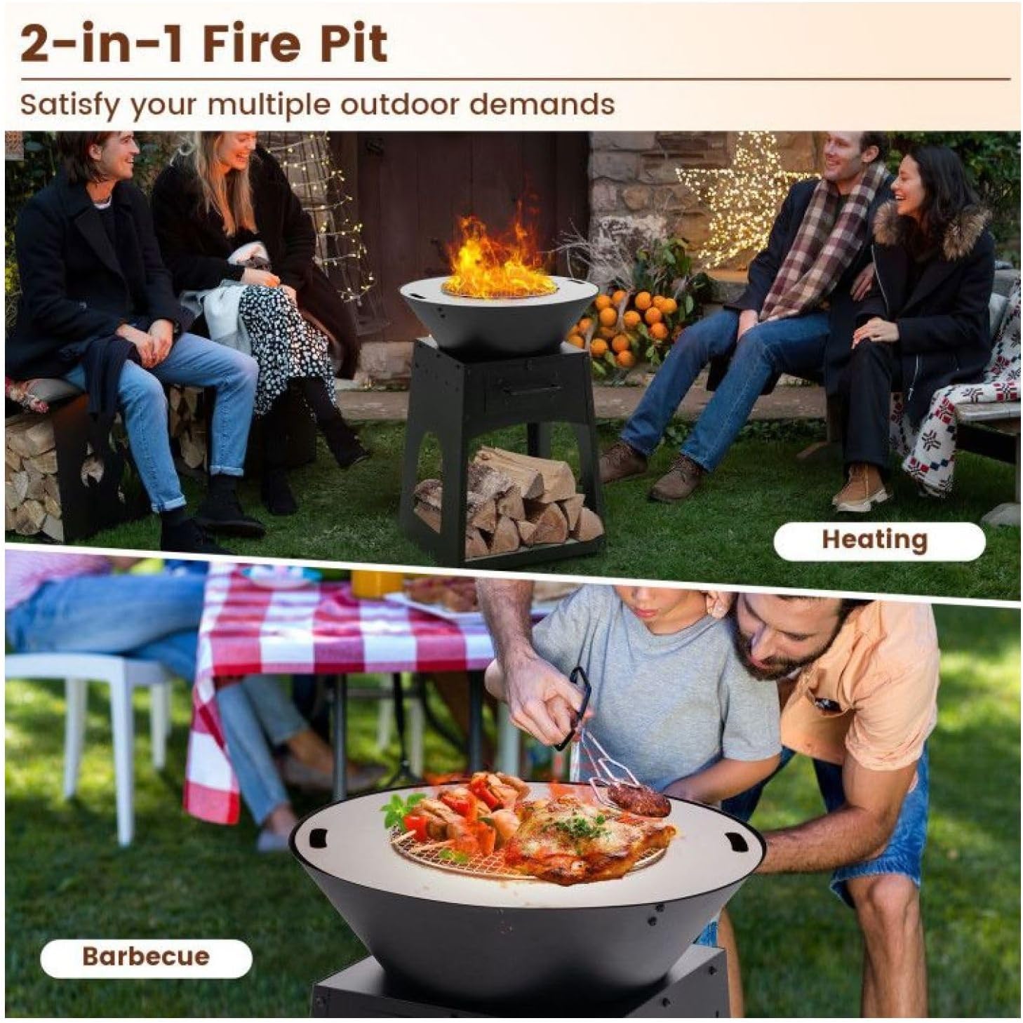 Outdoor Fire Pit with Grill and Log Rack, 24