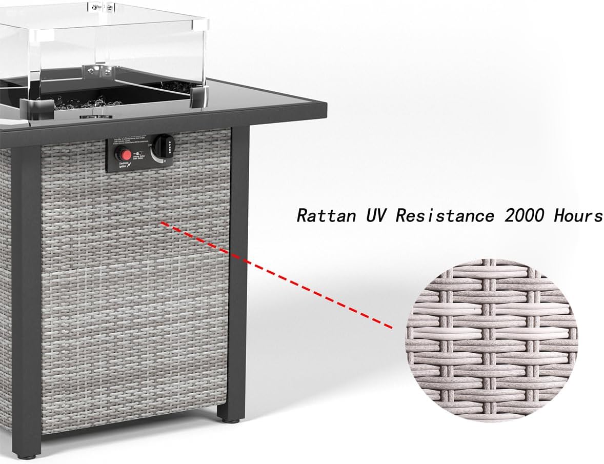 28 Inch Propane Fire Pit Table, Rattan Wicker Look, 50000 BTU Gas Firepits Tempered Glass Tabletop with Glass Windscreen Protector for Outside Patio and Garden(Grey+White)