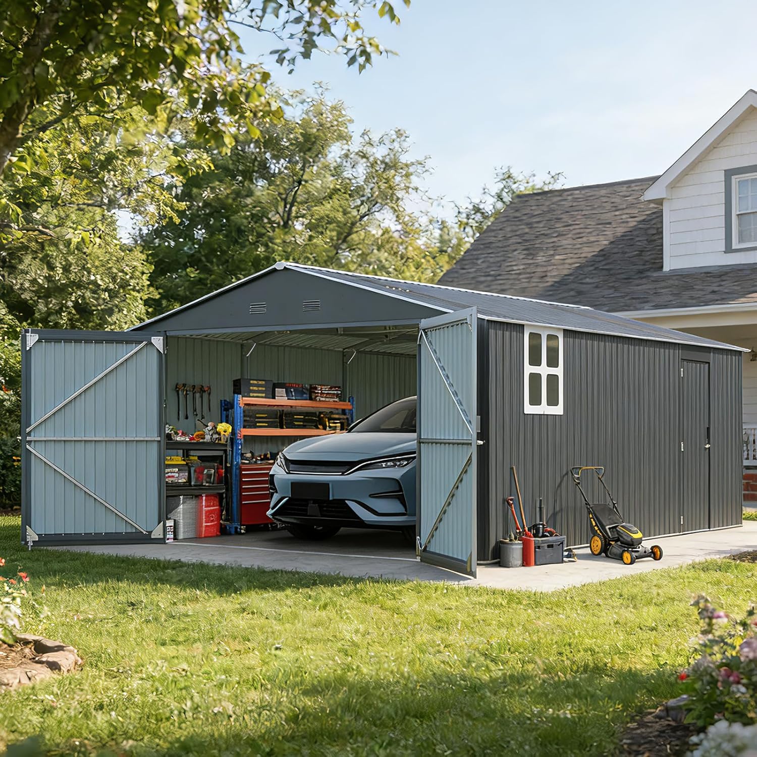 13x20 FT Heavy Duty Metal Carport - Anti-Snow Reinforced Frame & Galvanized Steel Roof, Enclosed Carport,All-Weather Vehicle Shelter for Cars, Trucks, RV (13x20FT+Dark Gray+Metal)