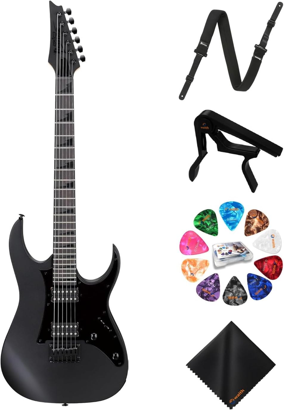 Ibanez 6-String Solid-Body Electric Guitar (Black Flat) - Full Right Handed Bass with GSF50 Powerpad Strap, String Capo, 15 Pack Guitar Picks with Storage Box & Microfiber Cleaning Cloth (Bundle Set)