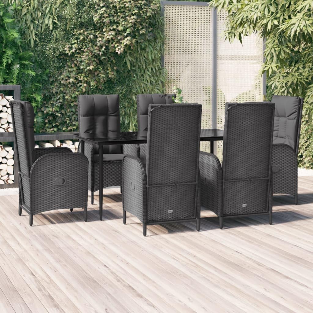 7 Piece Patio Dining Set with Cushions Black Poly Rattan Garden Furniture