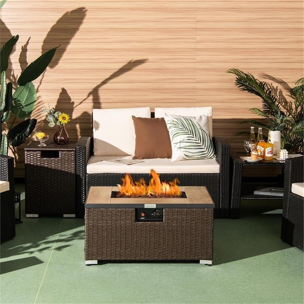Pemberly Row 32''x 20'' Propane Fire Pit Table Set w/Side Table Tank Brown