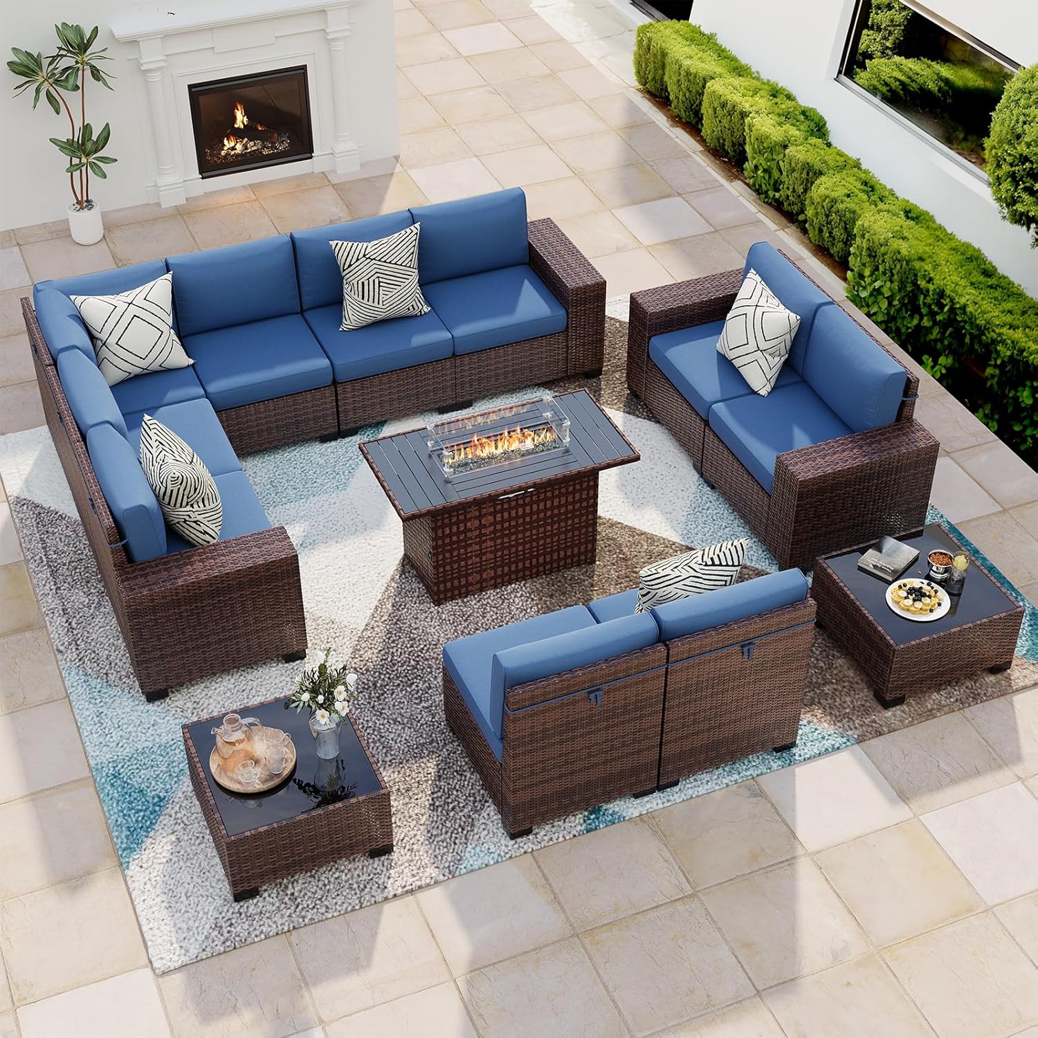 13 Piece Patio Furniture Set with Fire Pit Table, Wide Armrest Outdoor Sectional Sofa Grey Wicker Rattan Conversation Sets, 4'' Thickened Cushion Dark Grey (Include Waterproof Cover)
