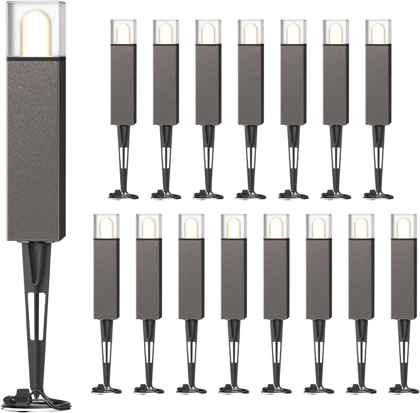 GOODSMANN Low Voltage Pathway Lighting 16PK Bollard Landscape Lights Kits 2W 2700K Warm White LED Wired Path Light 100 Lumens Outdoor Metal Brown Finish Walkway Driveway Light with Connectors Stakes