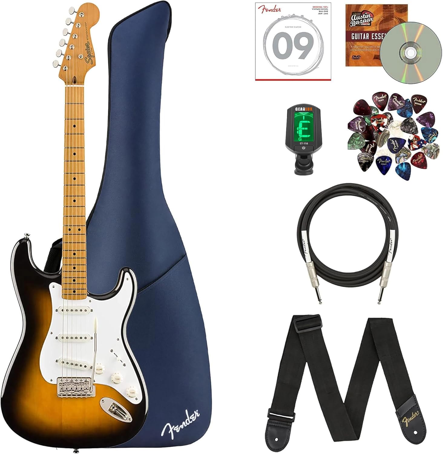 Fender Squier Classic Vibe '50s Stratocaster - 2-Color Sunburst Bundle with Gig Bag, Instrument Cable, Tuner, Strap, Strings, Picks, and Austin Bazaar Instructional DVD