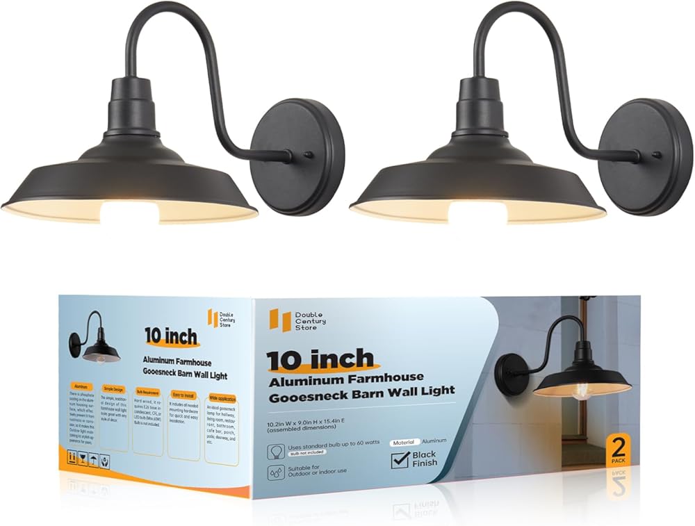 2-Pack Barn Lights Outdoor, Gooseneck Exterior Lighting Fixture, Aluminum Porch Light, Farmhouse Outdoor Wall Light, Outside Sconce Light for Patio, Garage