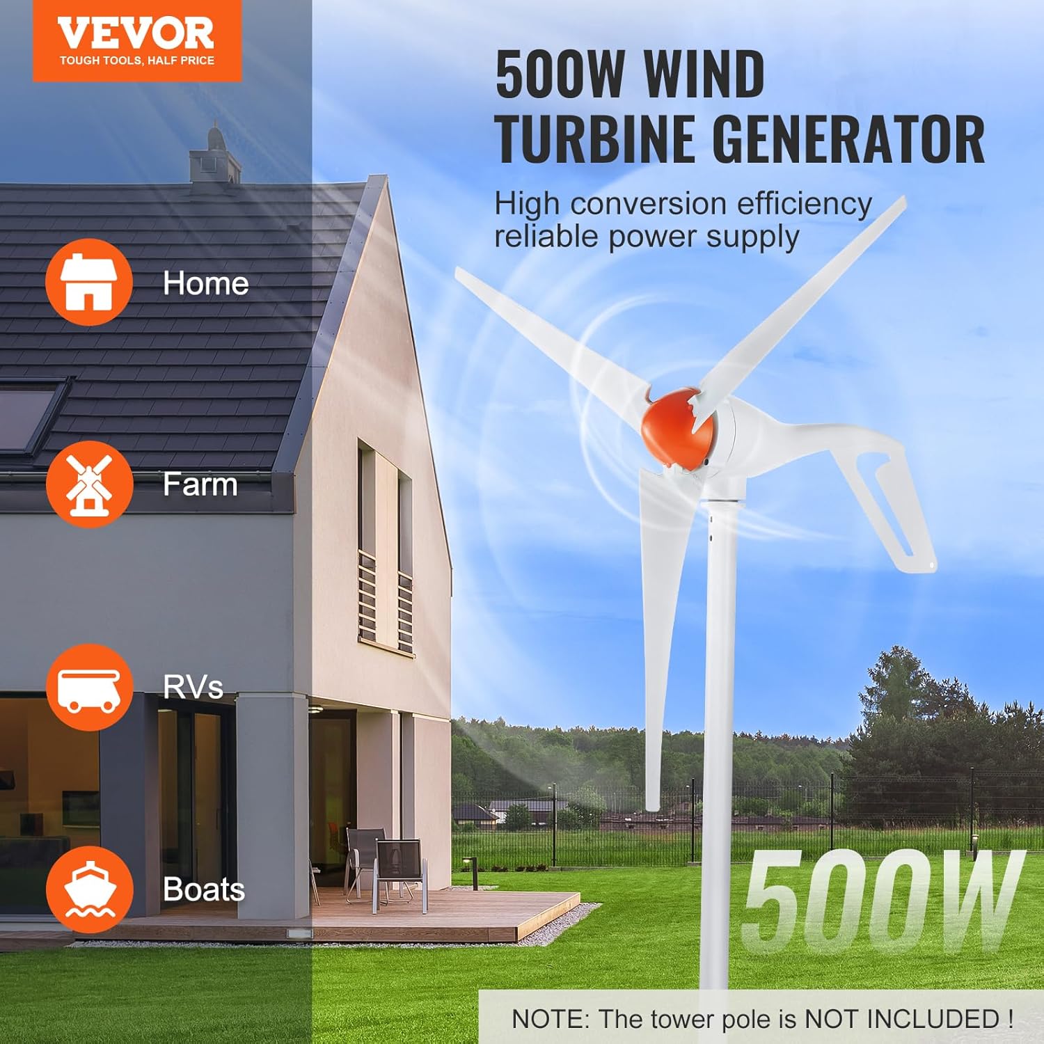 VEVOR 12V-500W Wind Turbine Generator Kit with Anemometer, 3-Blade Wind Power Generator, MPPT Controller & Adjustable Windward Direction, Suitable for Home, RVs, Boats, Farm