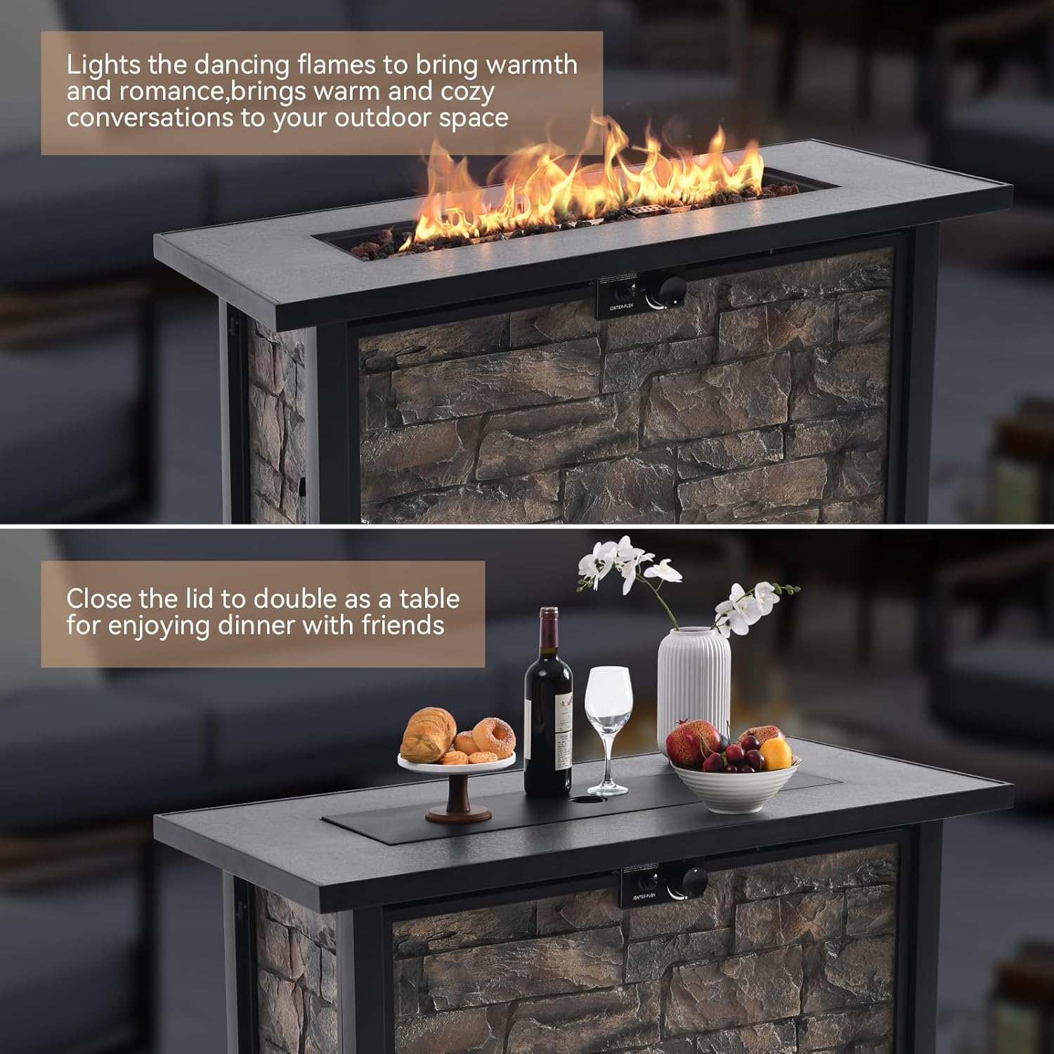 48'' Rectangular Outdoor Propane Fire Pit Table, 50000 BTU Patio Heater with Stone-Look Panel, Ceramic Tabletop & Aluminum-Coated Steel Tube Legs, Lava Rocks, Metal Lid and Rain Cover