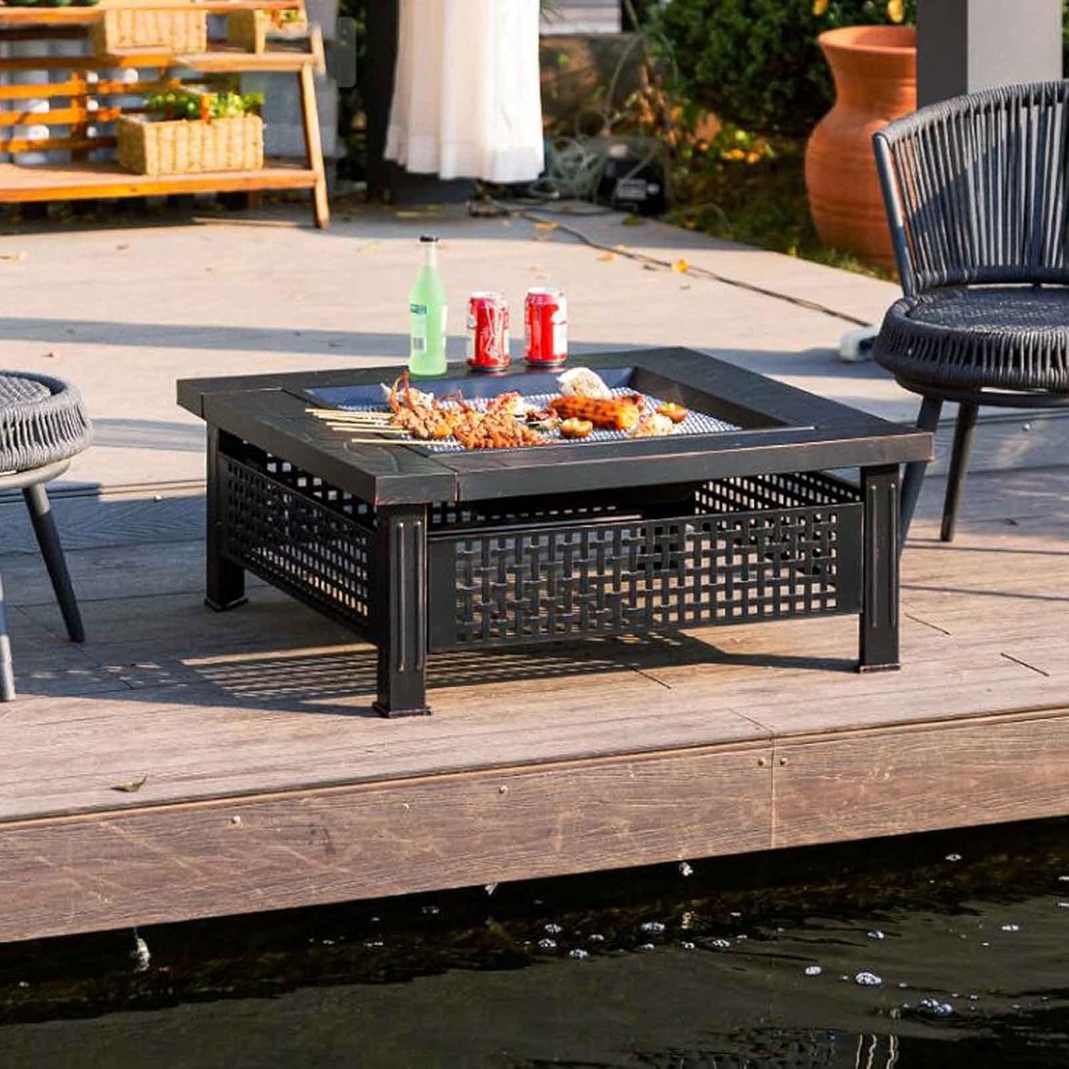 Fire Pits Outdoor Wood Burning Fire Pit Tables, Large Bonfire Wood Burning Patio, Heat-Resistant, Magnesium Oxide Tabletop with Rich Accessories with Cover BBQ Cooking for Outside Camping