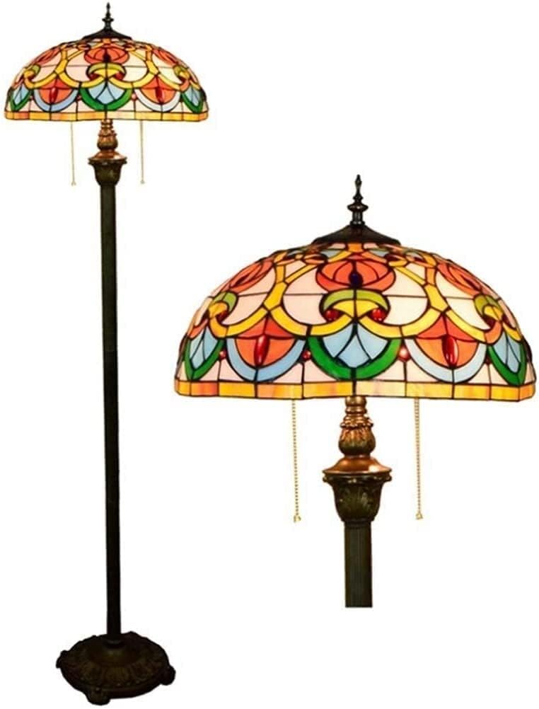 Tiffany-Style Floor Lamp Standlamp 16 Inch Tiffany-Style Floor Lamp 64 Inch Large Retro Stained Glass 2 Light Antique Base for Bedroom Readlight Table Set, E27 × 2.40 W