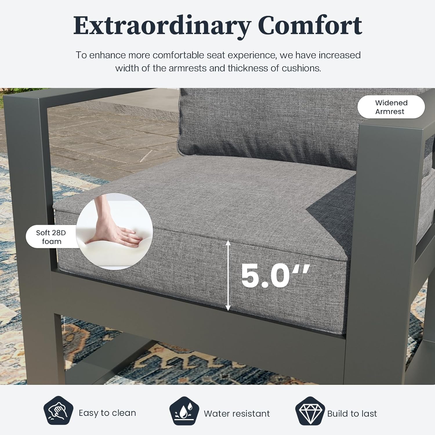 5 Piece Modern Aluminum Patio Furniture Set with Fire Pit Table, Outdoor Patio Sectional Conversation Metal Seating Sets with Olefin Cushion