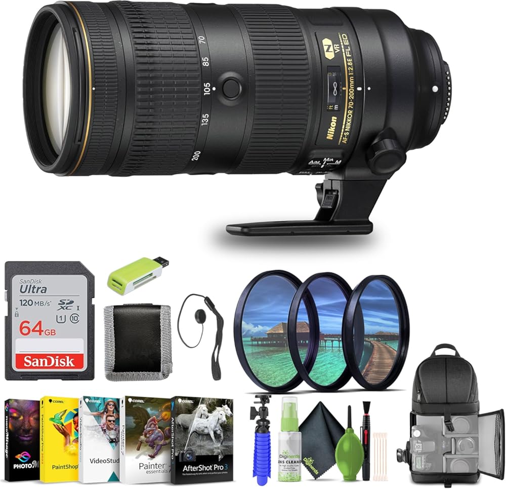 Nikon - AF-S NIKKOR 70-200mm f/2.8E FL ED VR Telephoto Zoom Lens for DSLR Cameras (20063) + 64GB Memory Card + Filter Kit + Backpack + Card Reader + Corel Photo Software + Flex Tripod + More