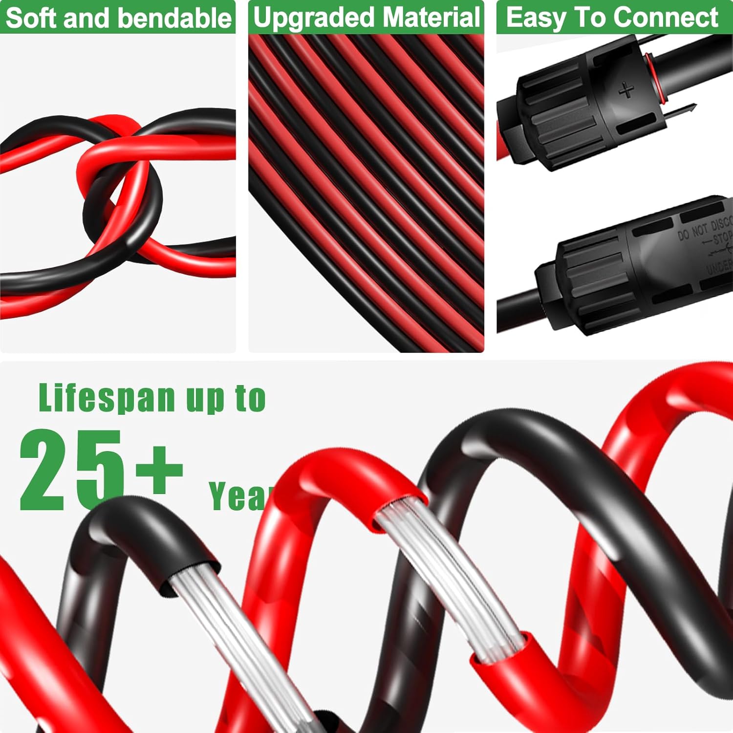 Twin Wire Solar Extension Cable 100FT - 10AWG (6mm²) Solar Panel Tinned Copper Wire for Outdoor, Automotive, RV, Boat and Marine Use - Black & Red