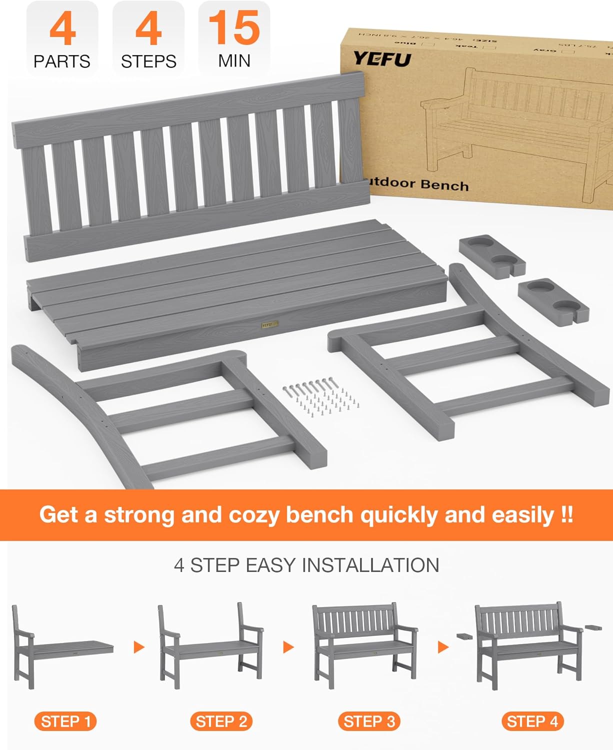 YEFU Outdoor Bench for Patio Waterproof: Heavy Duty 2-Person Garden Bench Set of 2 with 2 Cup Holders & Oversized Seating - HIPS Weatherproof Patio Benches for Front Porch Backyard Park, Grey