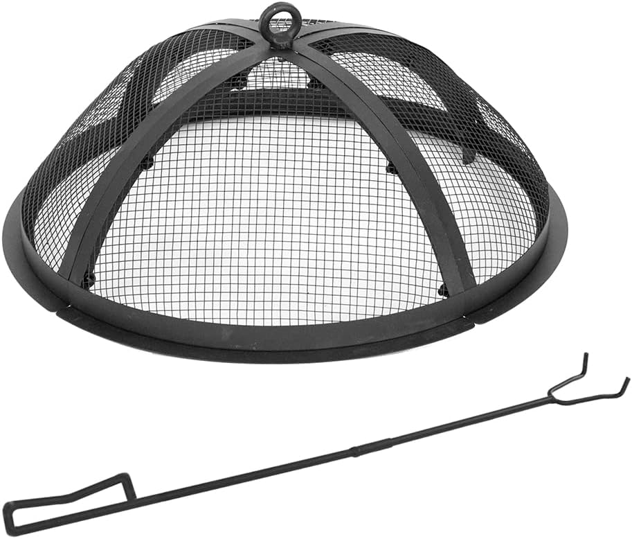 Blue Sky Outdoor Living Round Domed Steel Spark Screen and Screen Lift for Peak Patio Fire Pit, Black