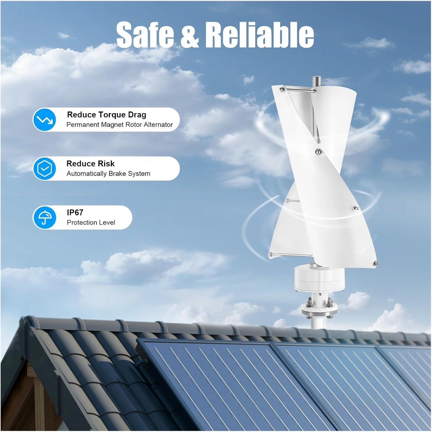 Wind Generator, 12V/24V Vertical Axis Wind Portable Generator Maximum Power 100W IP67 Energy for Home RVs,for Home, Farm, RVs, Boats(White-and-Blue-12V)