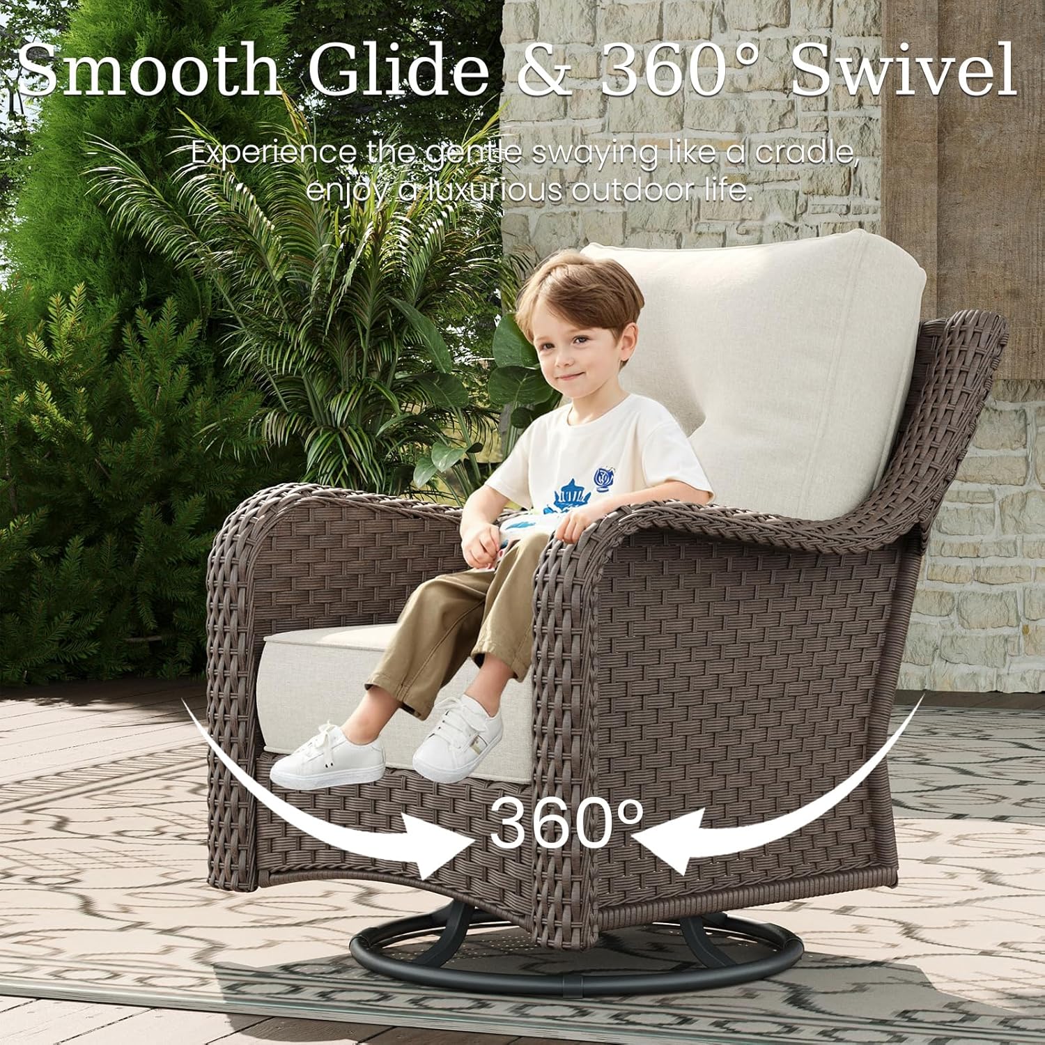 8 Piece Patio Furniture Set with Fire Pit Table, All-Weather Wicker Outdoor Conversation Set with Swivel Rocking Chair and 6 Inch Thick Cushions