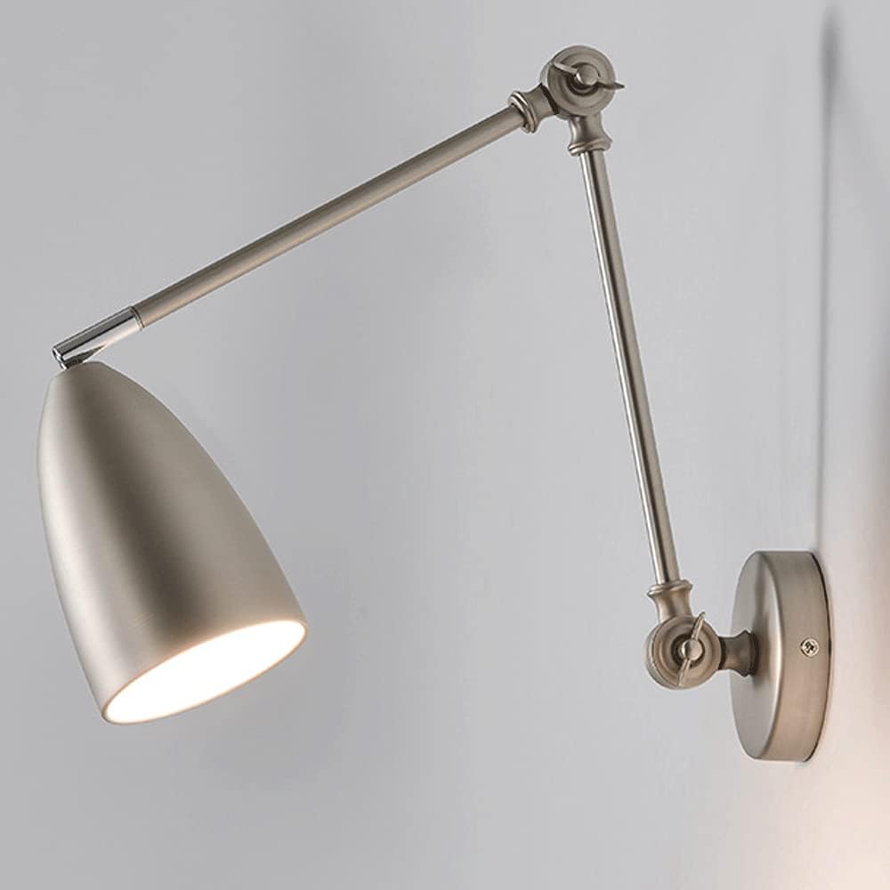 Adjustable Retro Swing Arm Wall Lamp, Antique E27 Bedside Reading Light, Retractable Sconce for Bedroom, Living Room, Study - Vintage Metal Lighting Fixture (Nickel Color)