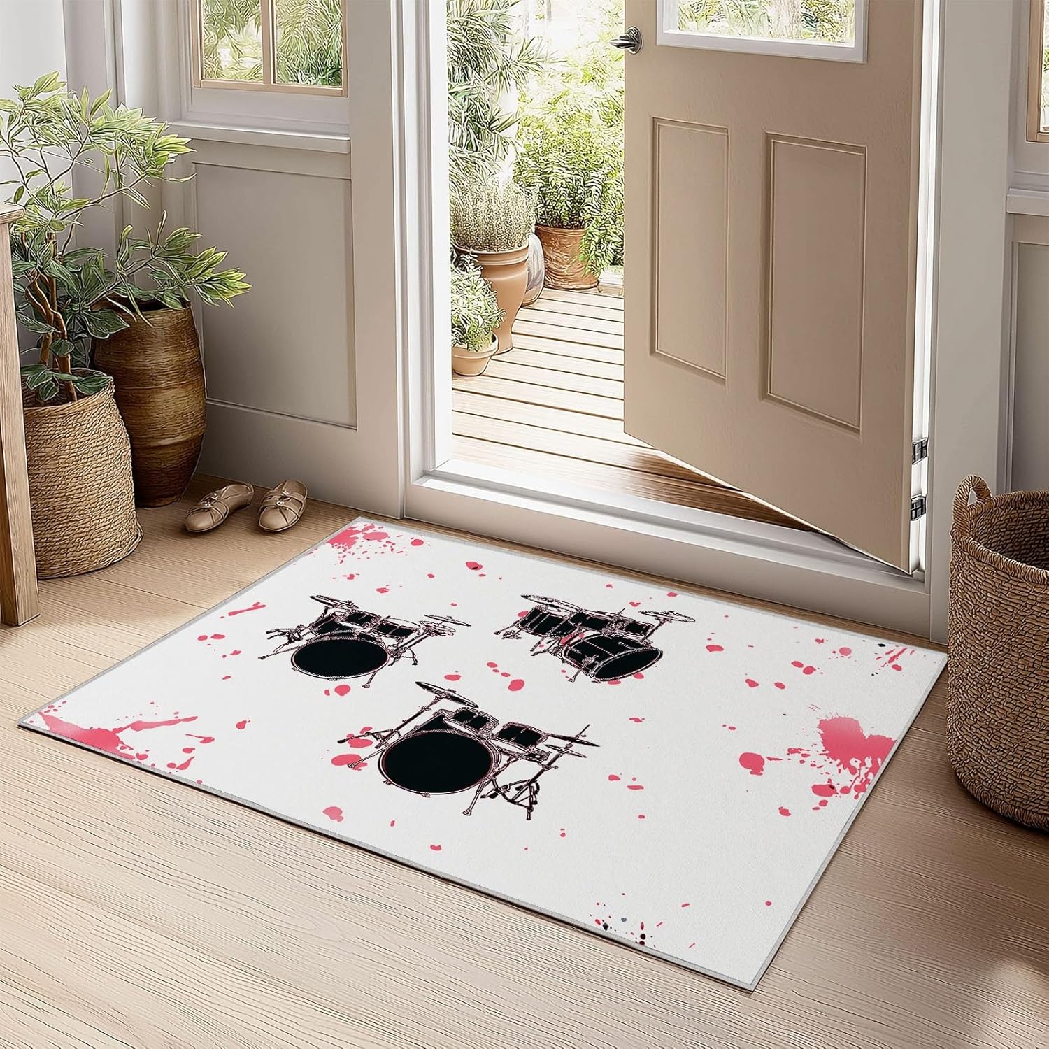 White Machine Washable Area Rug, Musical Instrument Drum Pattern Soft Area Rug - Non Slip Stain Resistant Low Pile Carpet with Non Slip Backing 5 x 6 ft for Living Room Bedroom Playroom