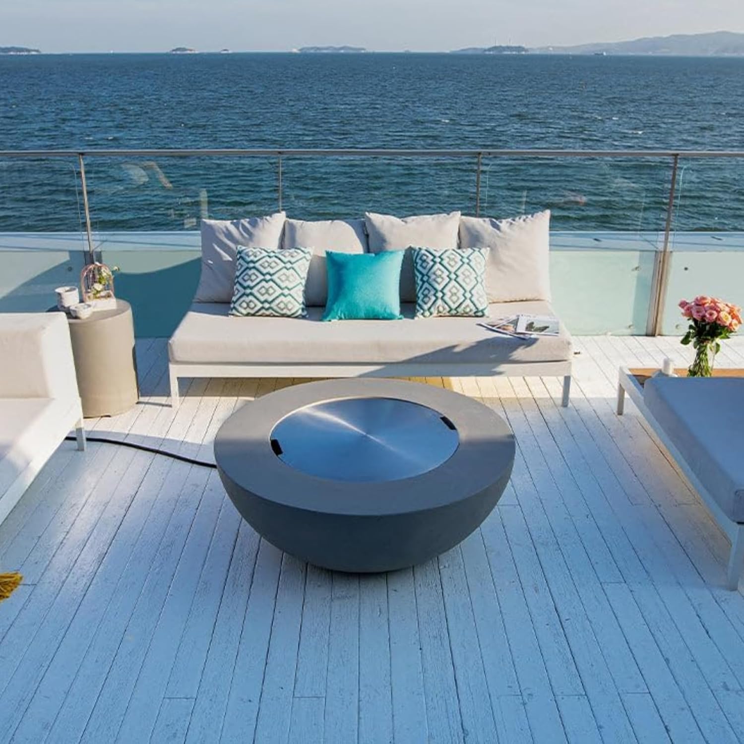 Lunar Bowl Fire Pit Light Grey Propane Gas Fire Bowl Modern Outdoor Concrete Fire Table with Lava Rocks & Weather-Resistant Finish Patio Heating & Décor