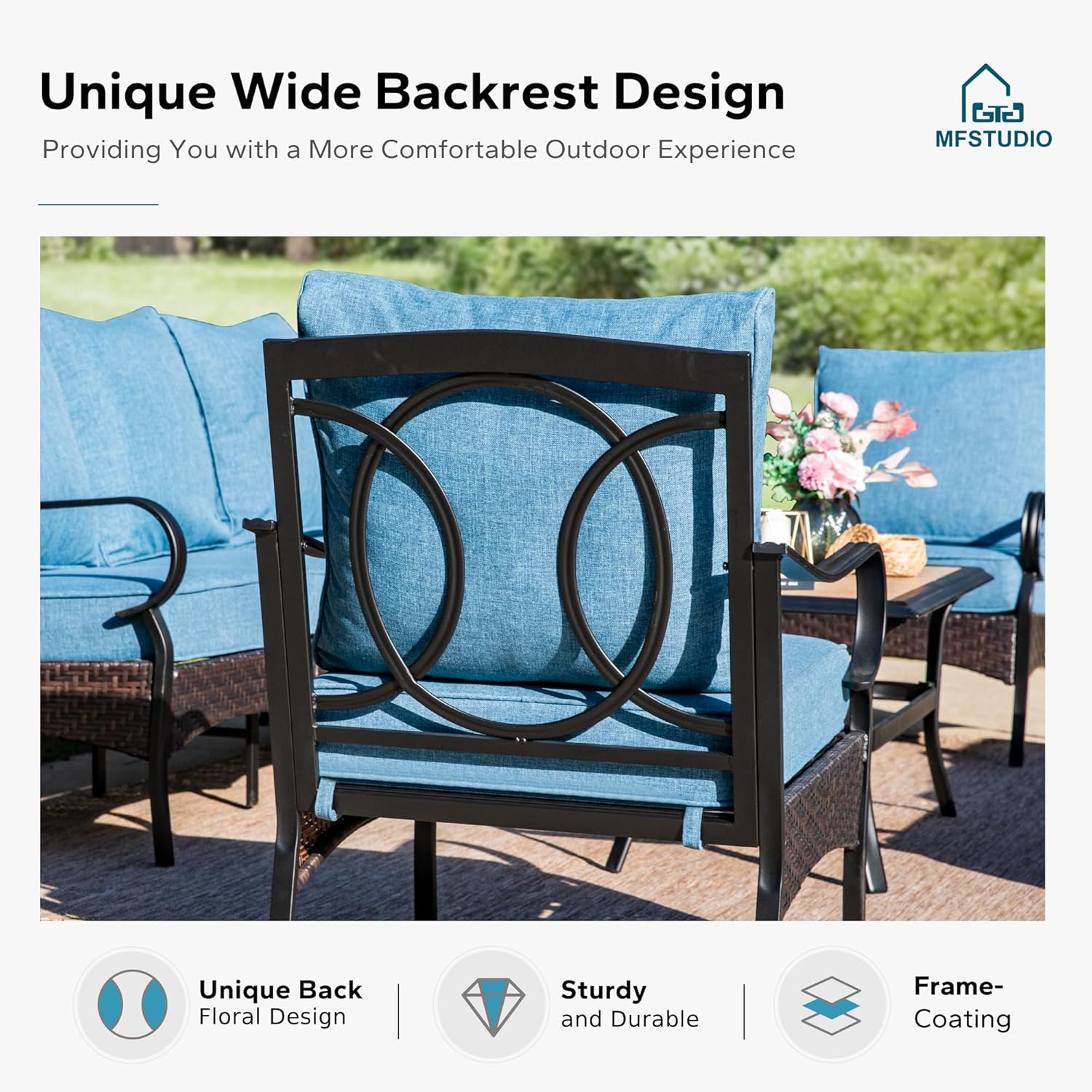 MFSTUDIO 4 Pieces Outdoor Patio Furniture Set, Metal Outdoor Conversation Set, Rattan Wicker Patio Sectional Set with 2 x Swivel Single Sofa, 3-Seat Sofa, 1 x Fire Pit Table, Navy Blue