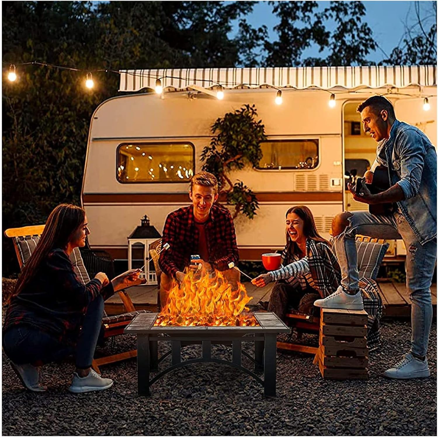35 Inch Outdoor Patio Fire Pit Table, Wood Burning Square Marble Tile Top, Durable Alloy Steel Fire Table for Backyard, Garden, and Outdoor Gatherings