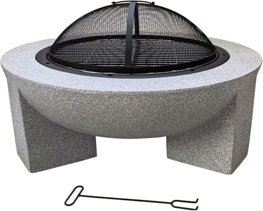 Outdoor Round Concrete Brazier Wood Burning Fire Pit 3-in-1 Garden Terrace Heater Brazier with Encrypted Dust Cover Semi-Circular Handle for Camping Bonfire