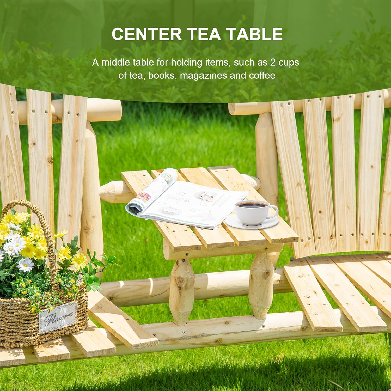 2-Seat Wooden Adirondack Chair, Patio Bench with Table, Outdoor Loveseat Fire Pit Chair for Porch, Backyard, Deck, Natural