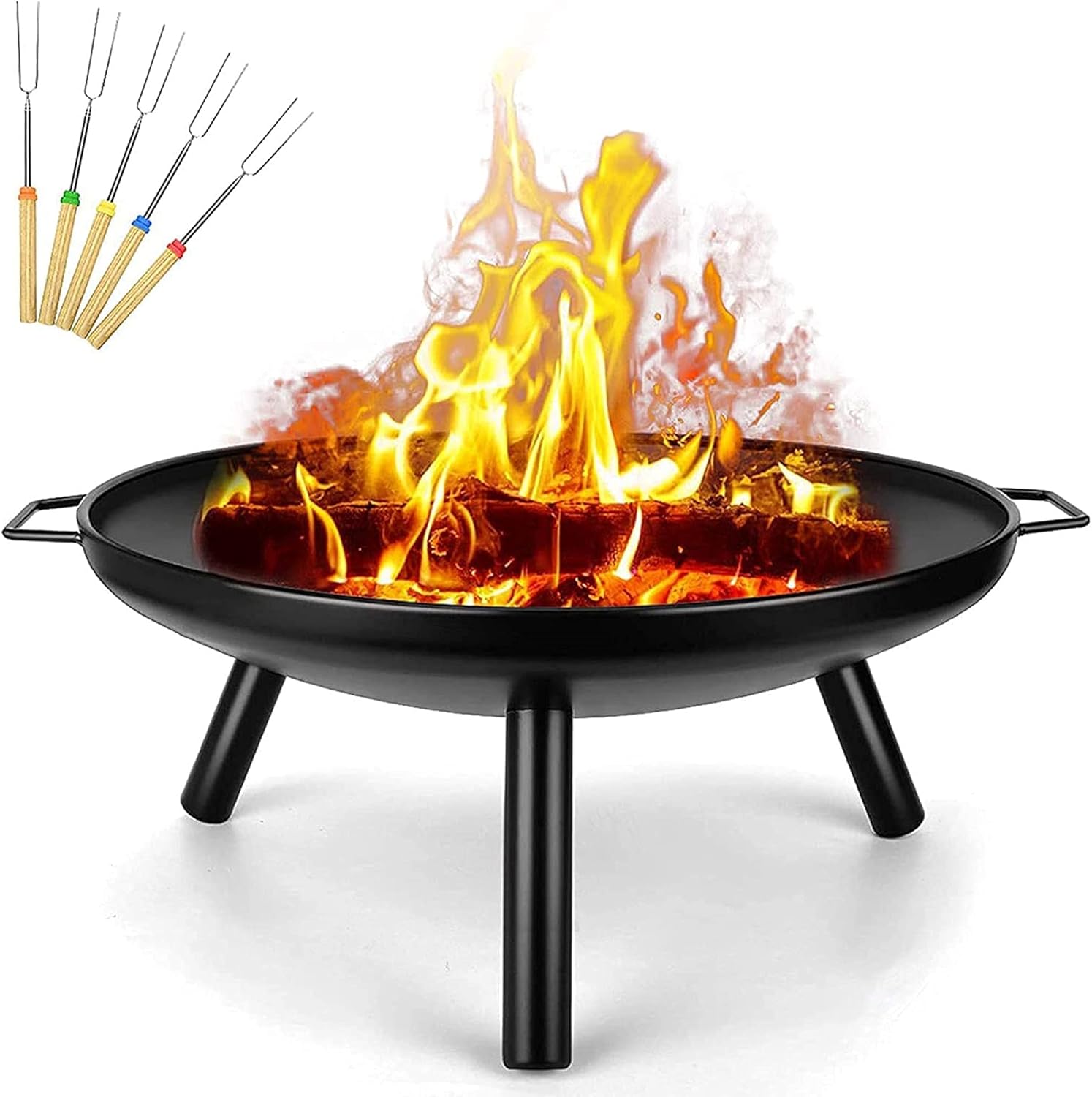 Large Fire Pit Bowl w/Handles & Retractable Barbecue Sign,Wood Burning Fire Pit